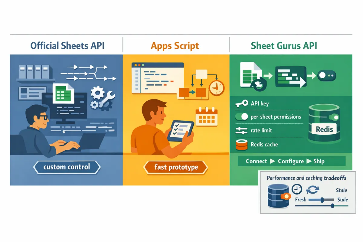 sidebyside table comparing official sheets api apps script and sheet gurus api