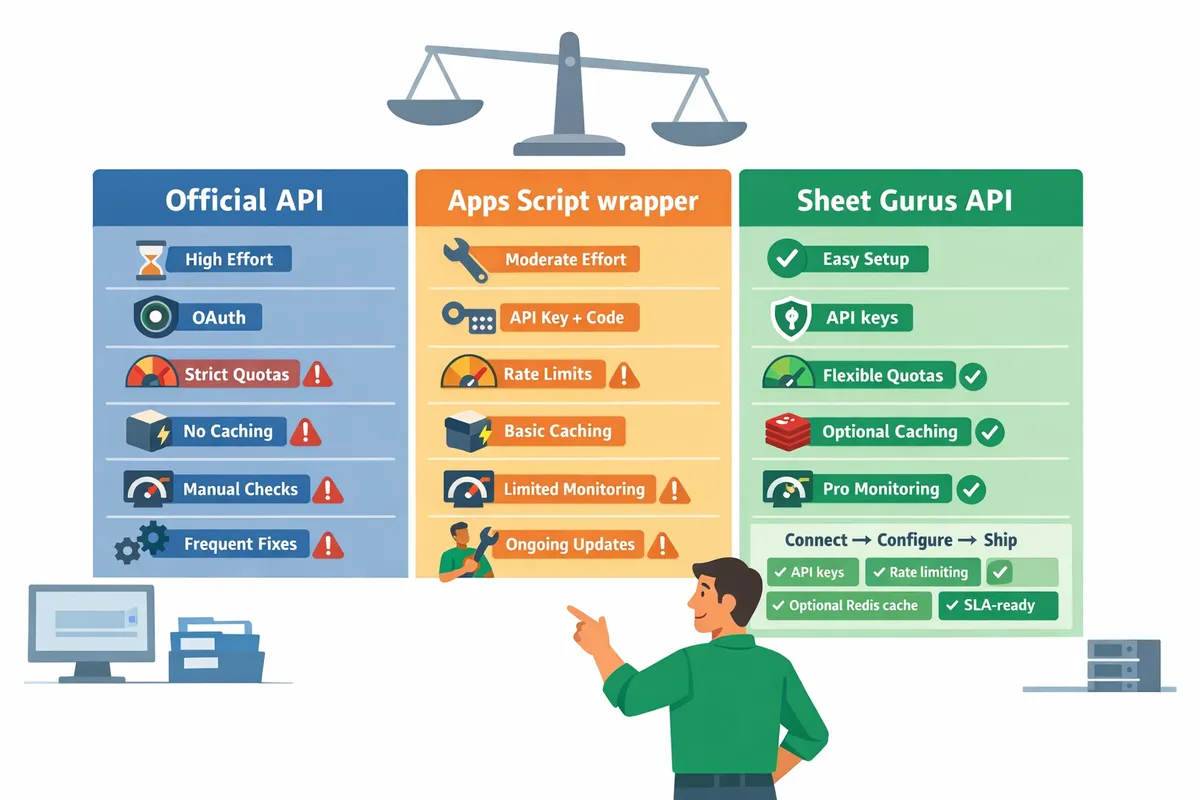threecolumn comparison showing official api apps script wrapper and sheet gurus api with feature highlights