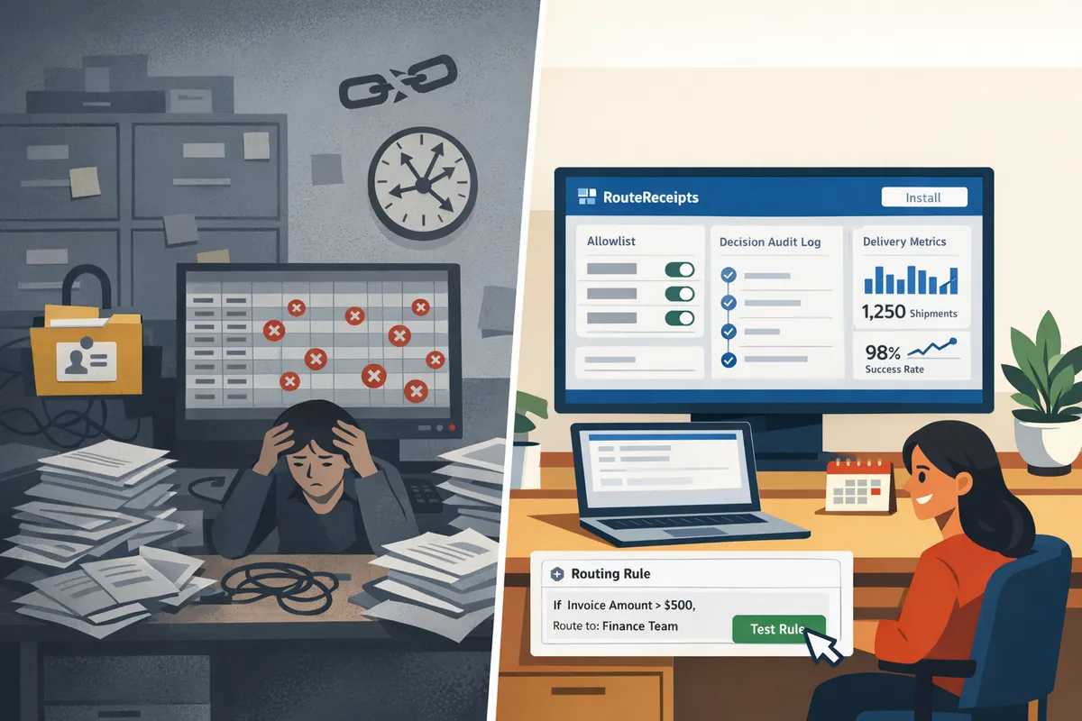 beforeandafter of cluttered spreadsheet tracking versus clean automated dashboard with realtime delivery metrics