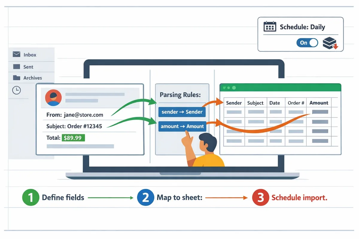 user configuring xtractorapp parsing rules with a sample gmail message and a google sheet preview