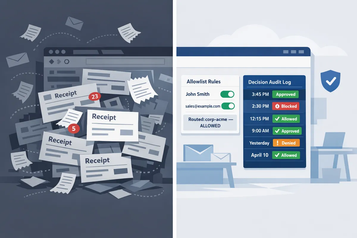 beforeandafter of cluttered inbox with mixed receipts versus a clean dashboard showing allowlist rules and a decision audit log