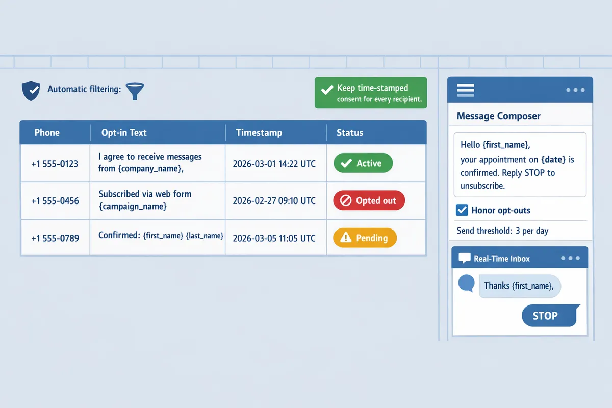 consent ledger spreadsheet view with timestamps optin text and phone numbers shown alongside a google sheets sidebar for sheet gurus sms
