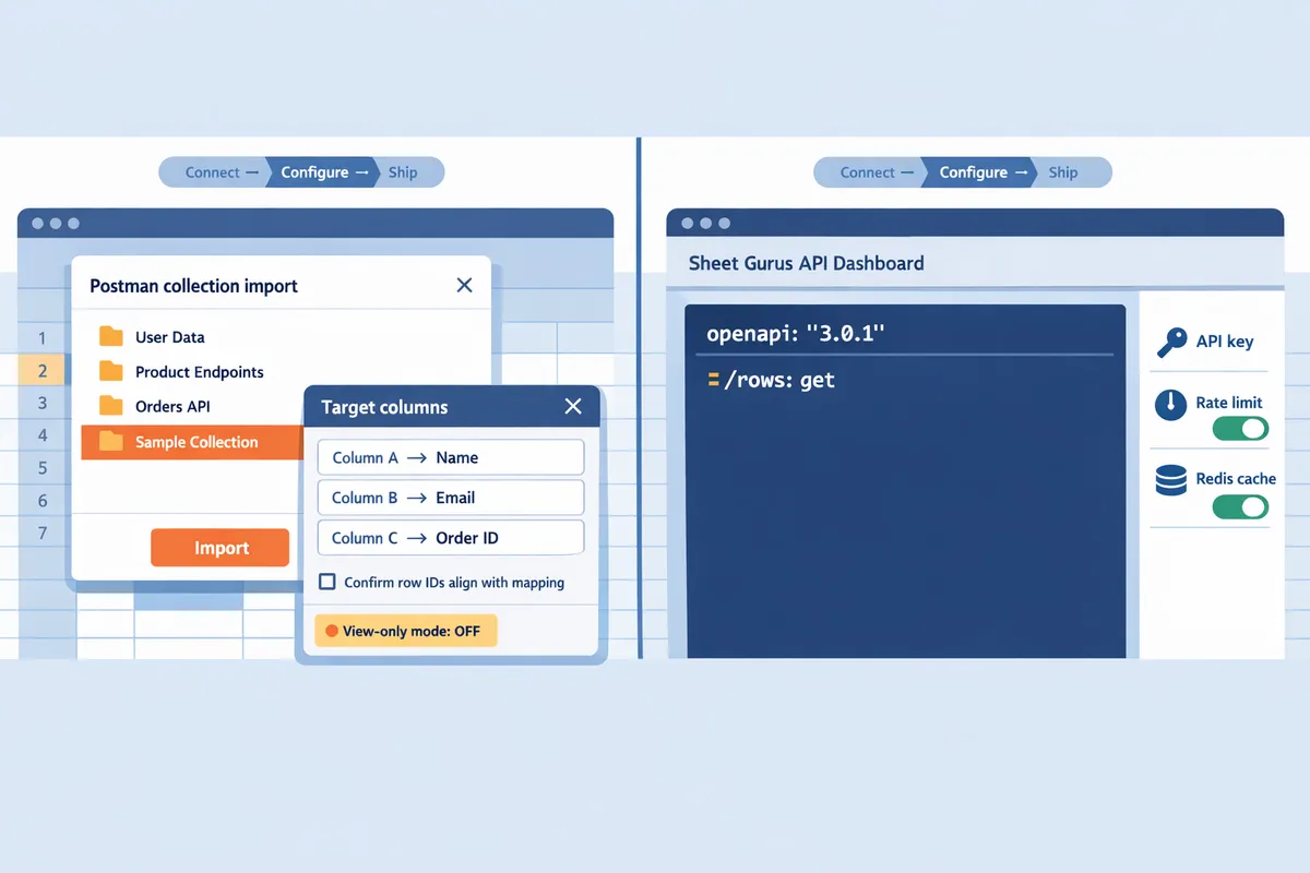 sidebyside view of postman collection import screen and a published openapi yaml in the sheet gurus api dashboard