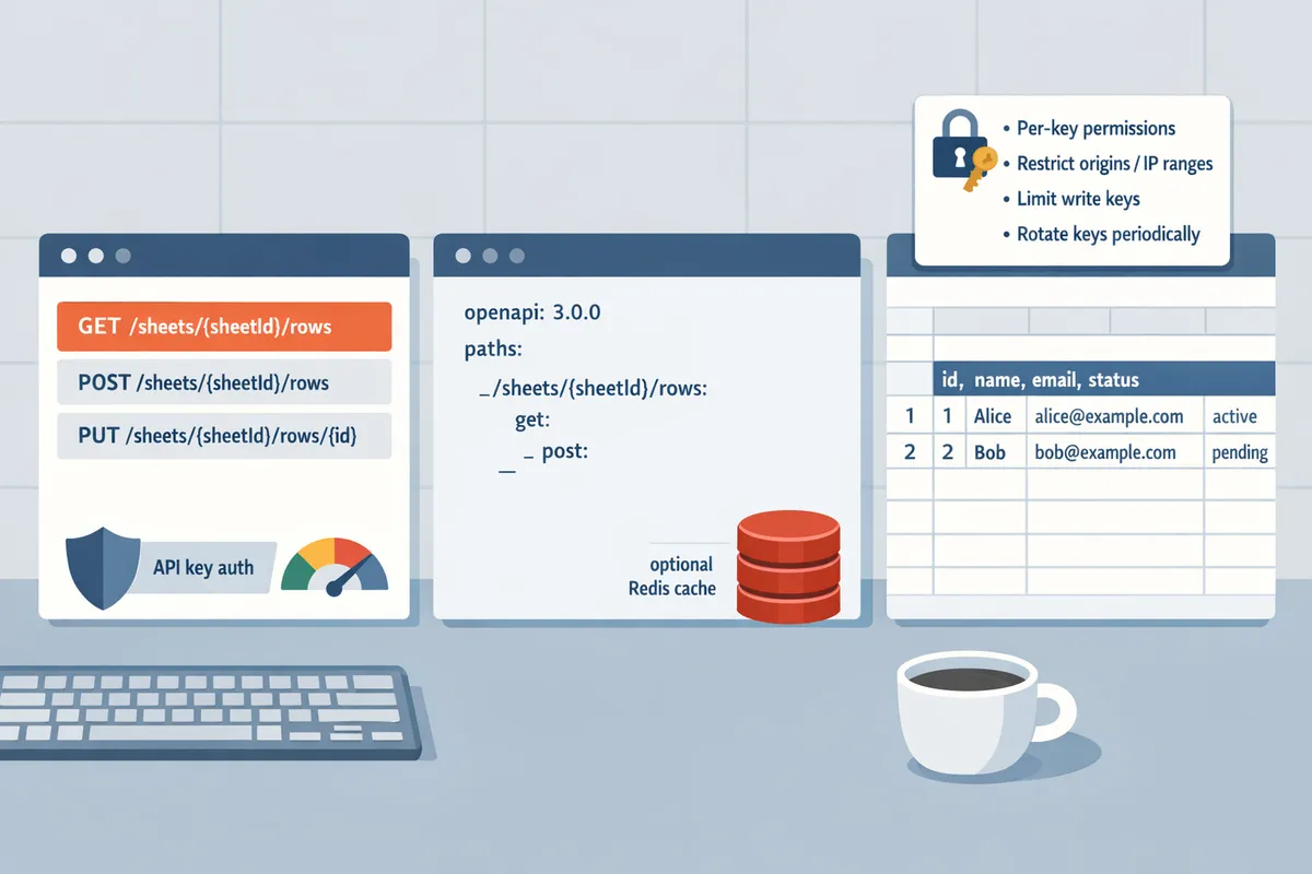 screenshot of postman collection imported next to an openapi yaml file and a sample google sheet with headers and example rows