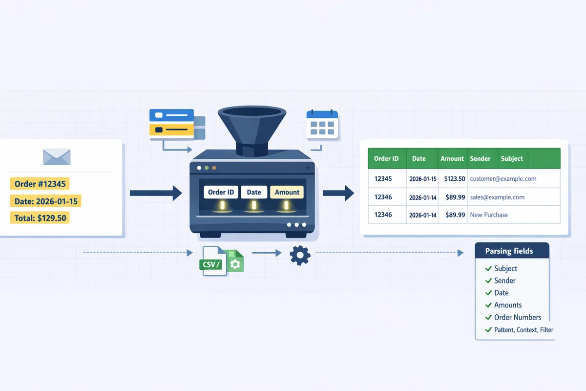 annotated diagram showing an email on the left a parser extracting order id date and amount in the middle and a populated google sheet on the right