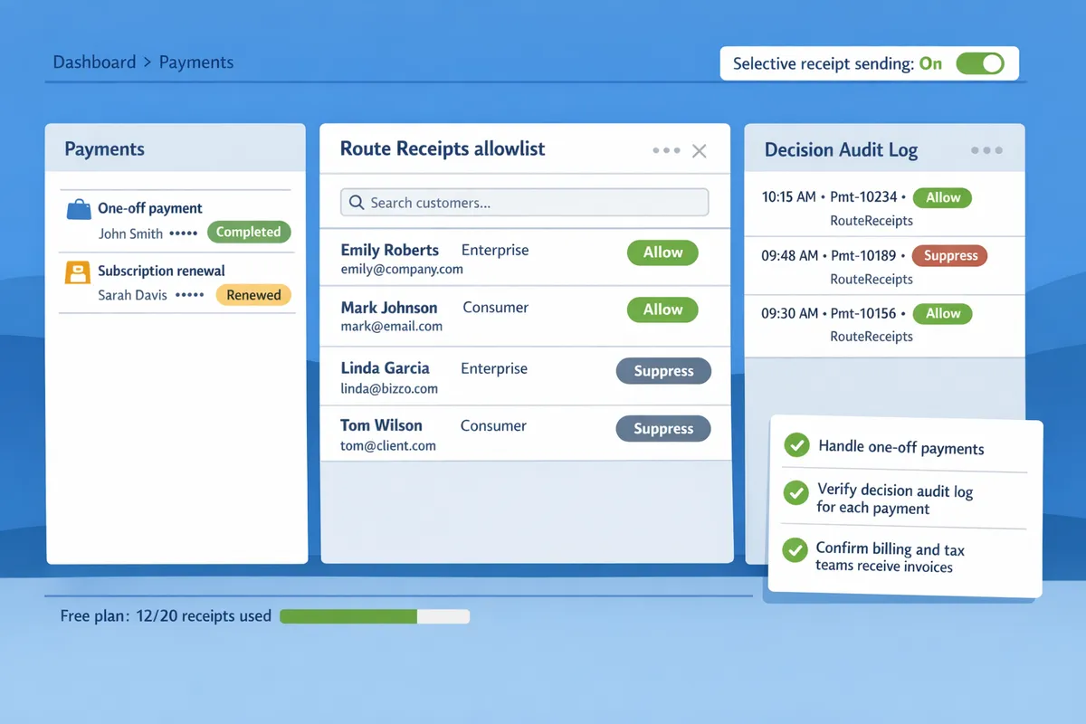 stripe dashboard open with route receipts allowlist and audit log visible