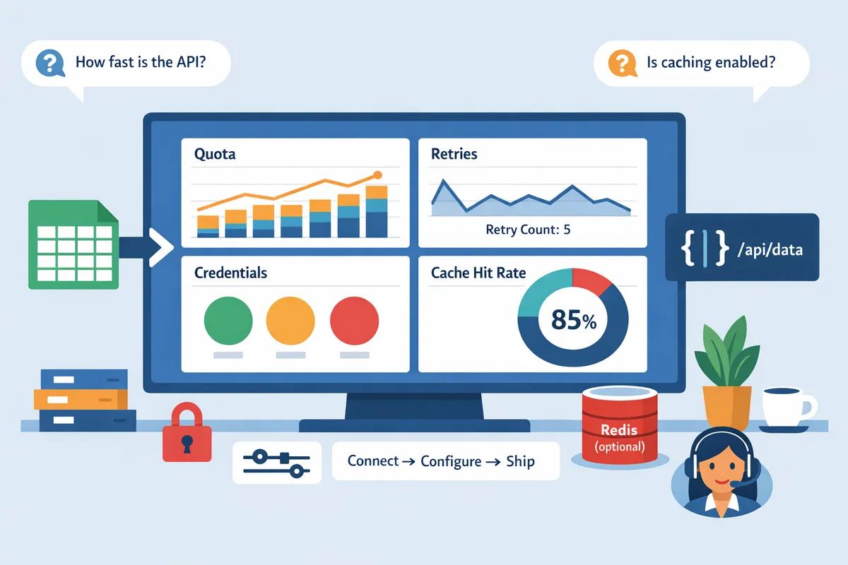 dashboard showing quota graphs retry metrics credential health and cache hit rates