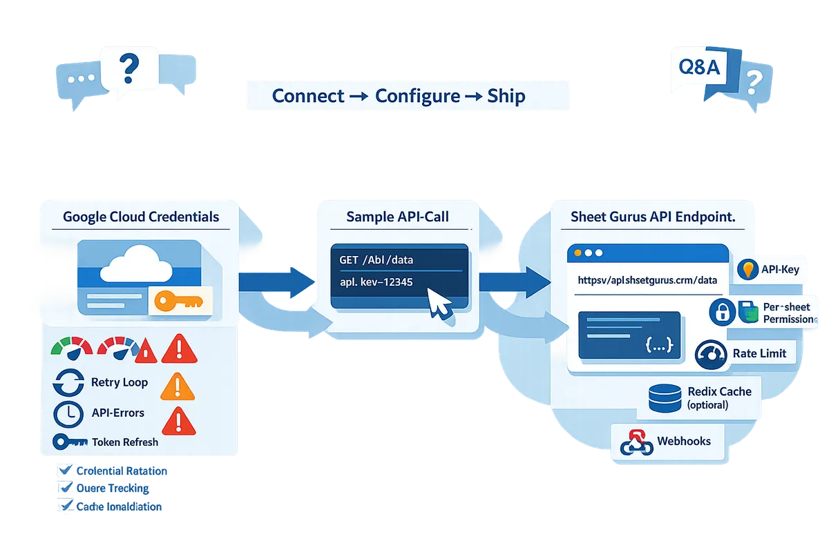 flowchart showing quickstart steps from google cloud console credentials to a sample api call and a sheet gurus api endpoint