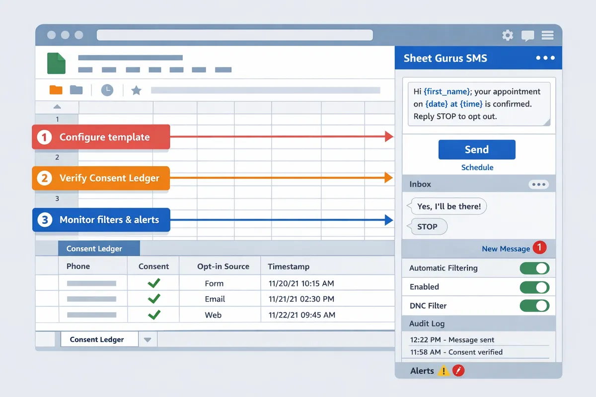 user configuring the sheet gurus sms sidebar in google sheets with a sample message template and consent ledger visible