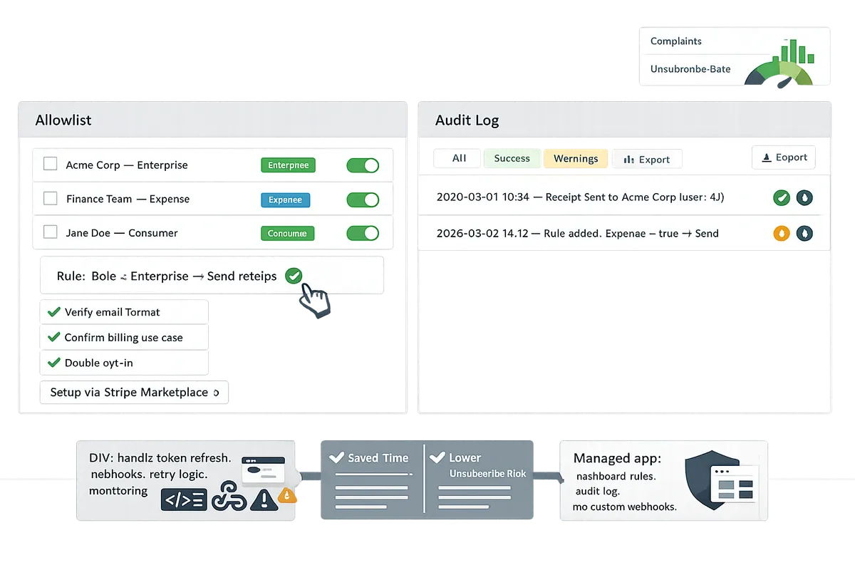 route receipts dashboard showing an allowlist and audit log entries side by side