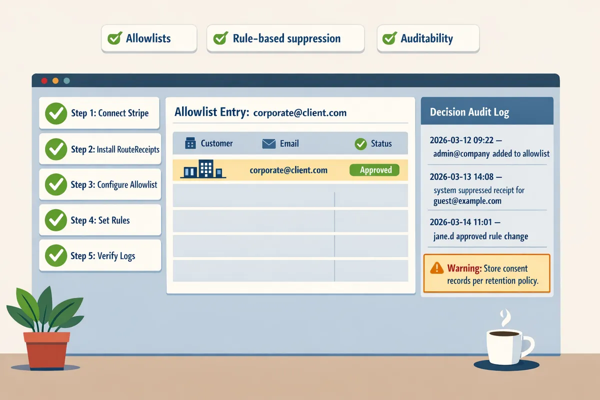 routereceipts dashboard showing an allowlist entry and decision audit log with timestamps and user actions