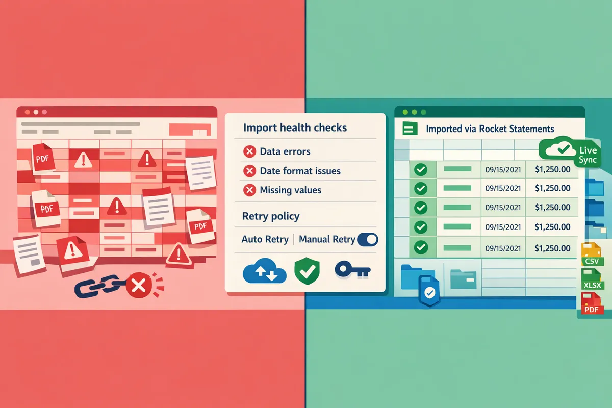 splitscreen comparing a spreadsheet filled with validation errors versus a clean google sheet imported via rocket statements