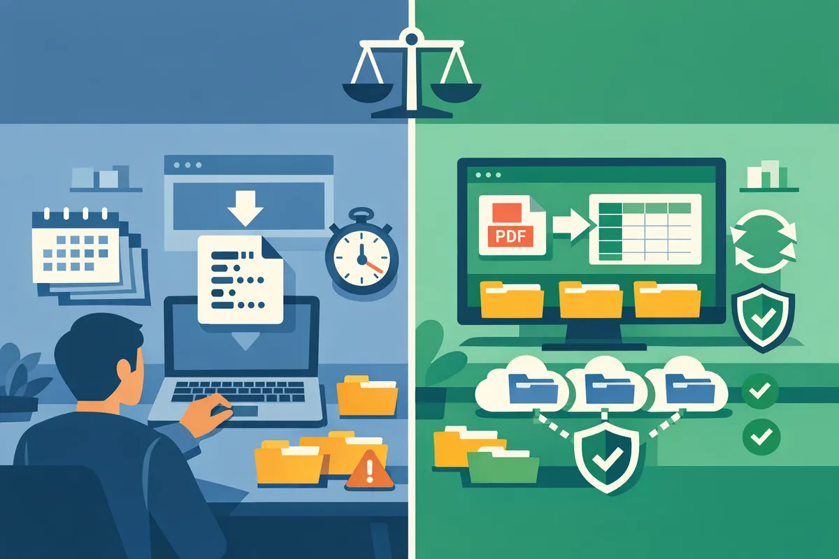 splitscreen showing a csv file import on one side and a pdftosheets conversion interface on the other