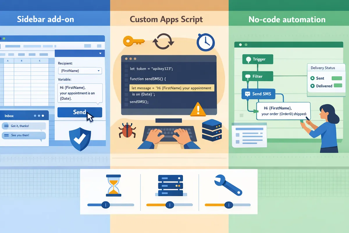 splitscreen comparing a sidebar addon interface versus a code editor and a nocode workflow builder