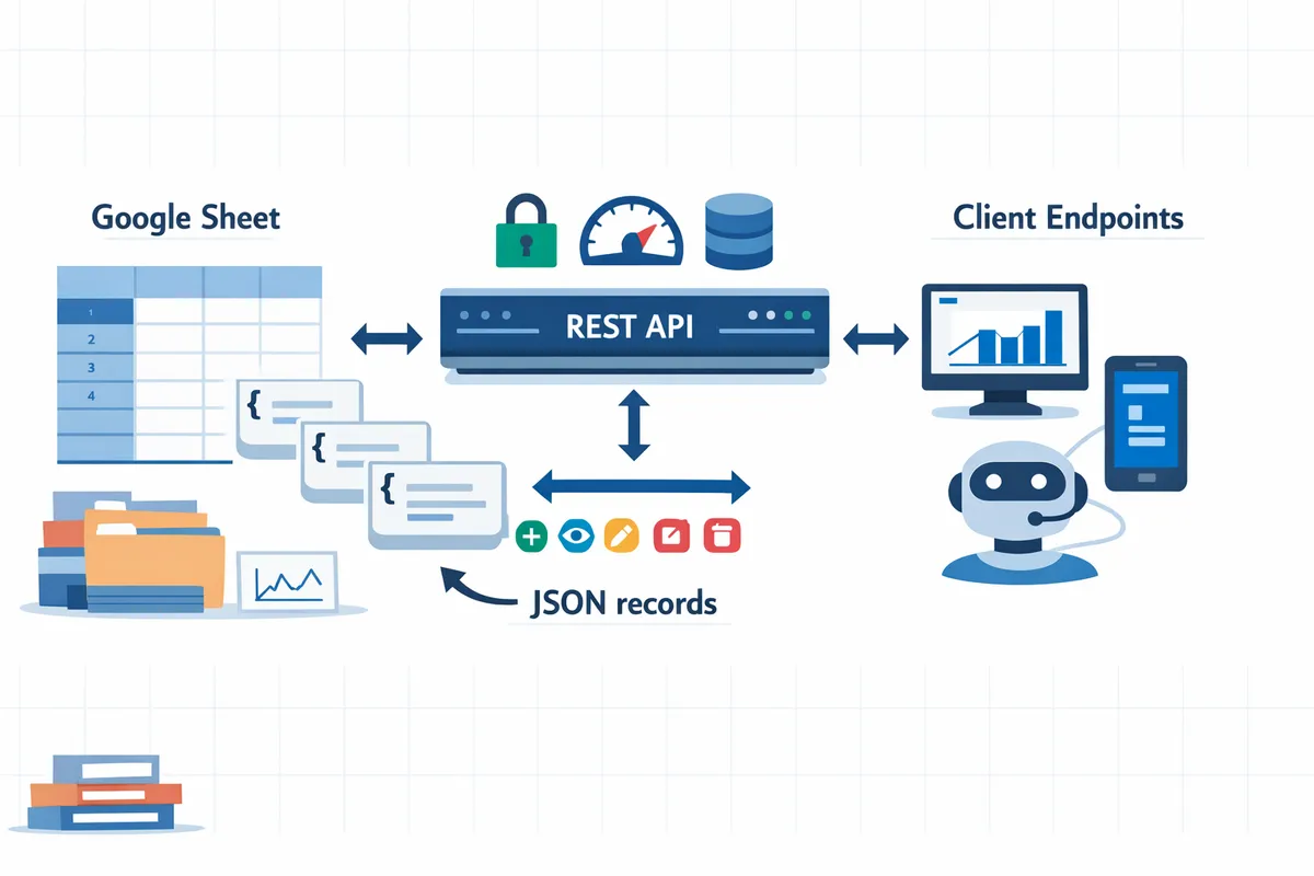 a simple diagram mapping google sheets rows to json records and showing an api layer sitting between clients and the sheet