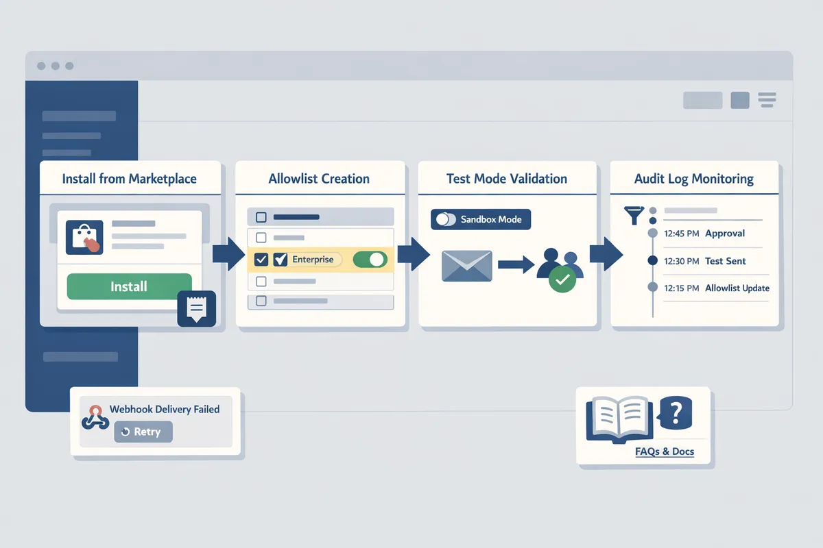 flow diagram showing route receipts install from stripe marketplace allowlist creation test mode validation and audit log monitoring