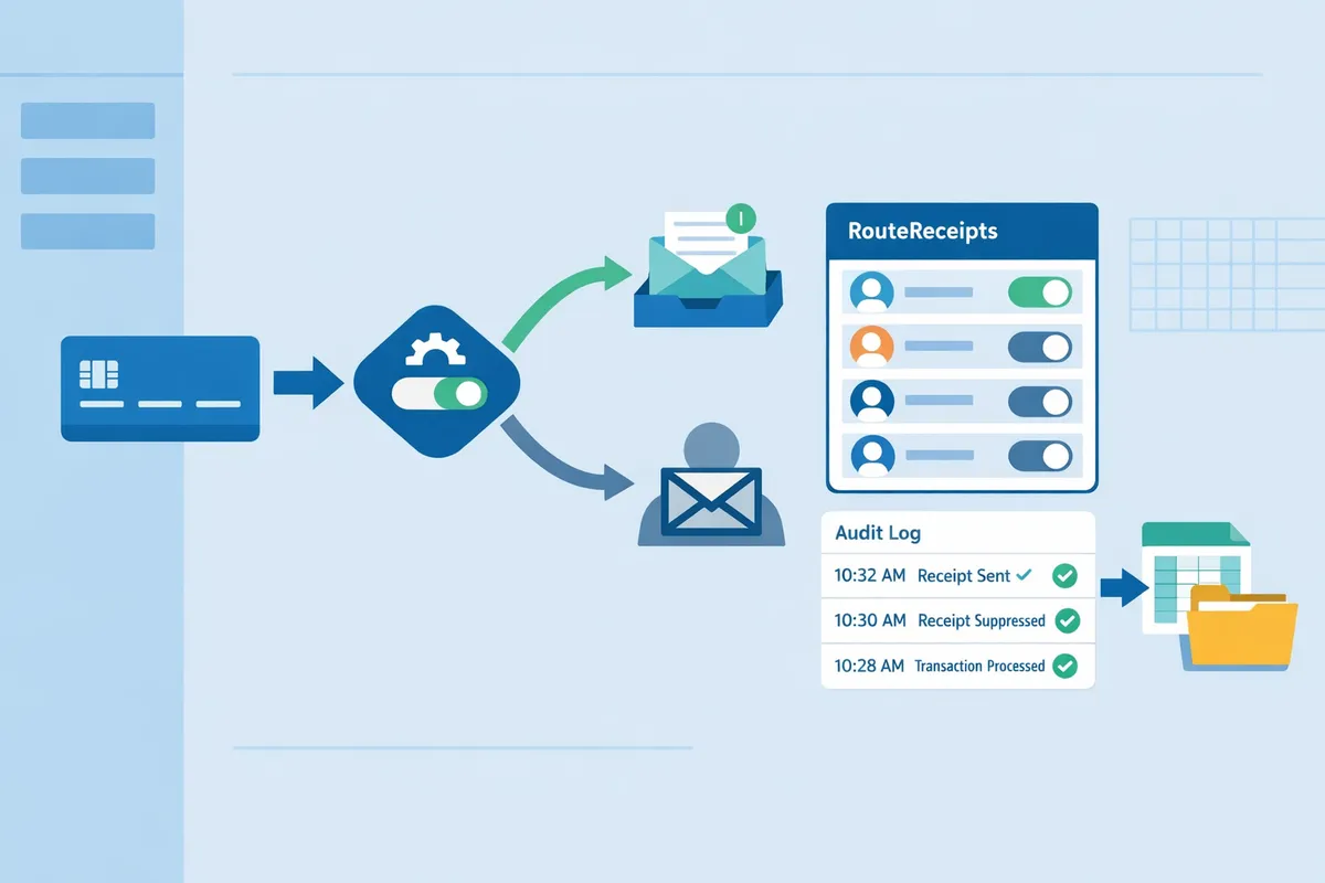 flow diagram showing Stripe payment optional routing decision either send receipt or suppress with audit log entries and accounting export