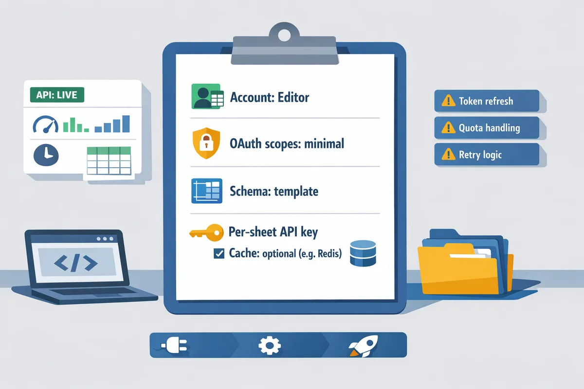 checklist showing accounts oauth scopes schema template and caching options for a google sheets crud api
