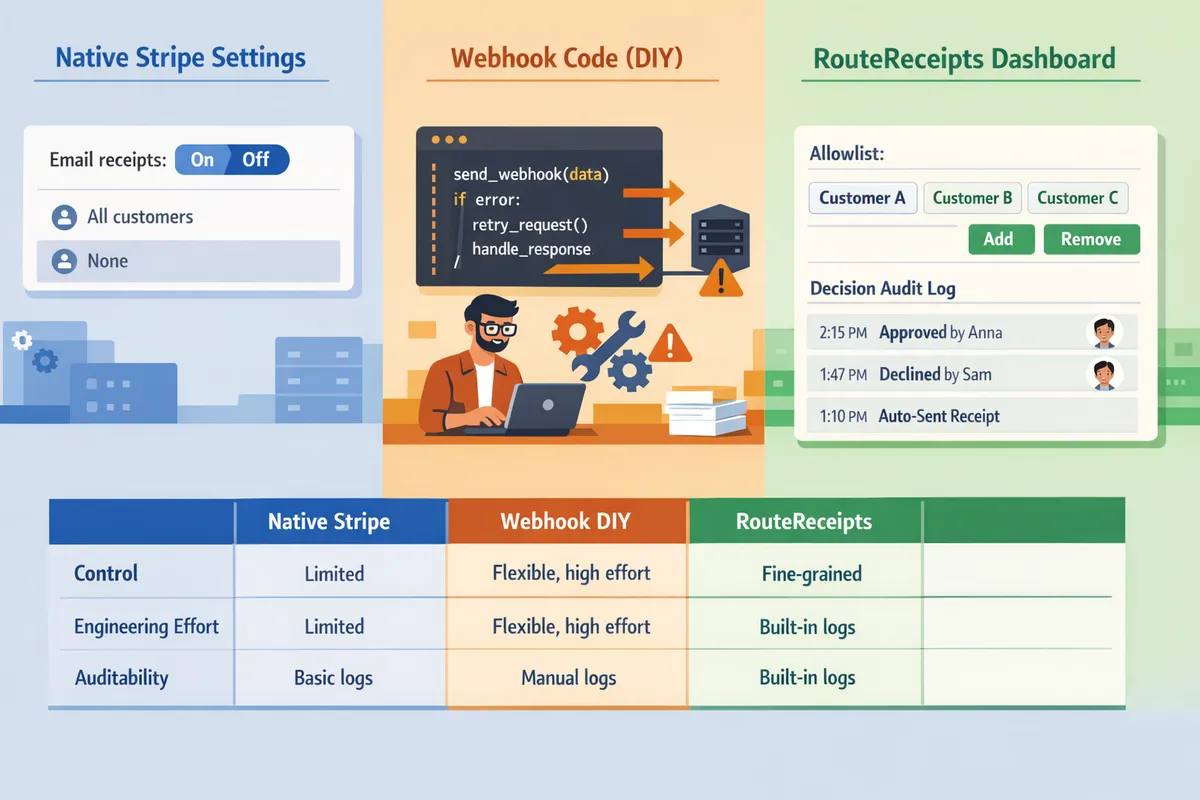 splitscreen comparing native stripe settings webhook code and route receipts dashboard