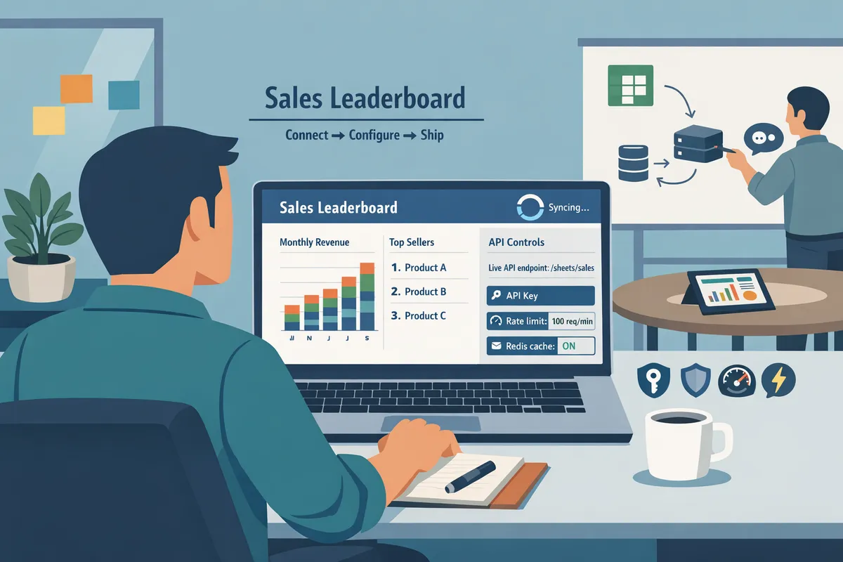 product manager reviewing a sales leaderboard dashboard powered by a google sheet api on a laptop in an office setting