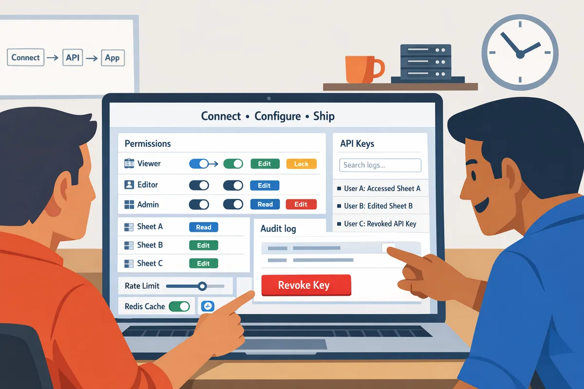 product manager reviewing an internal admin ui backed by a google sheet api on a laptop while discussing permissions with an engineer