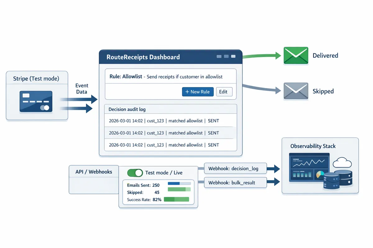 integration flow diagram showing stripe routereceipts dashboard rule definitions and delivery outcome mapping
