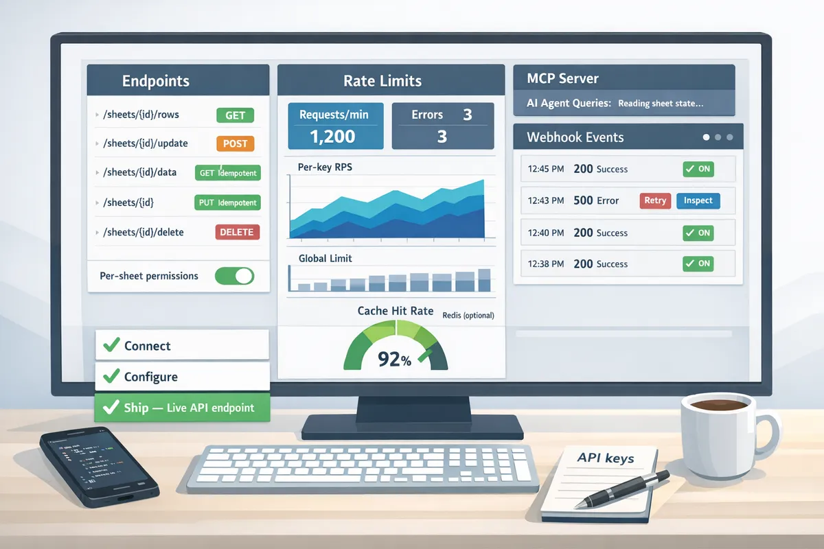 dashboard showing sheet gurus api endpoints rate limit metrics cache hit rates and webhook events