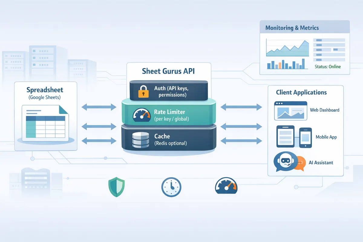 diagram showing google sheets middleware components auth rate limiter cache and client apps with monitoring dashboards