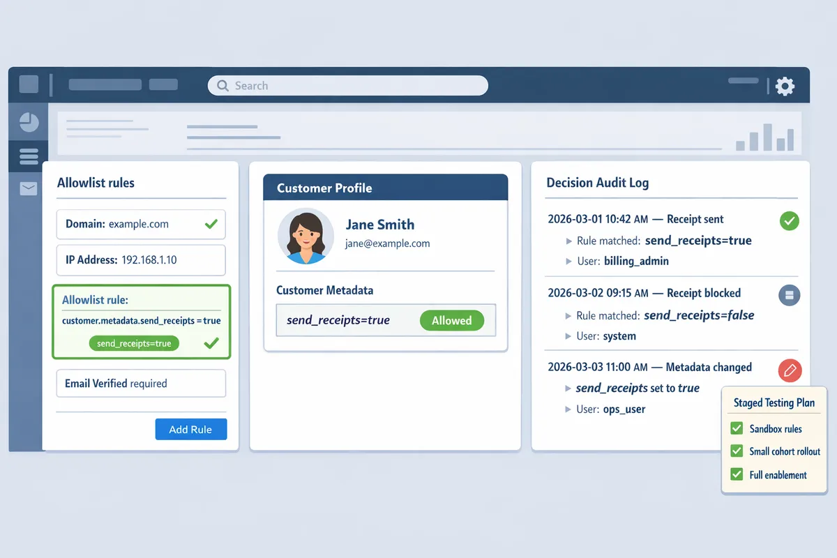dashboard view showing allowlist rules a highlighted customer metadata entry and an audit log of decisions
