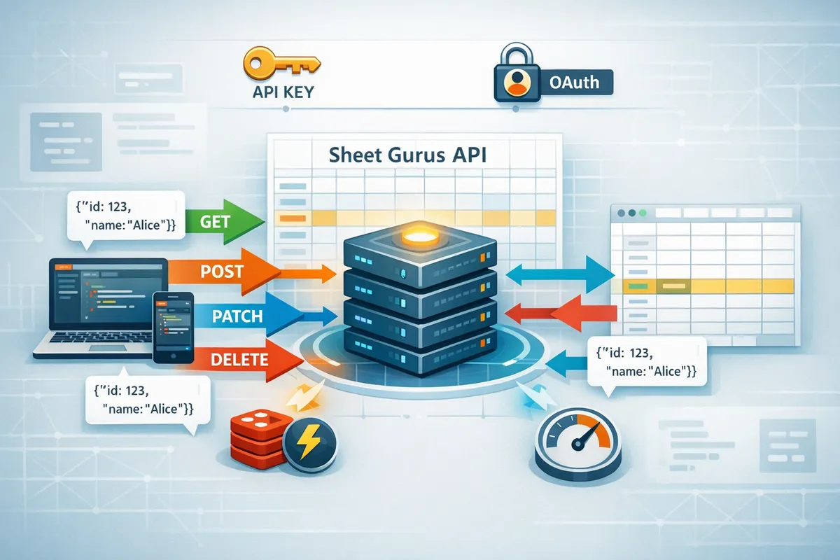 diagram showing an http client making getpostpatchdelete calls to a sheetbacked rest endpoint with json payloads and auth flows