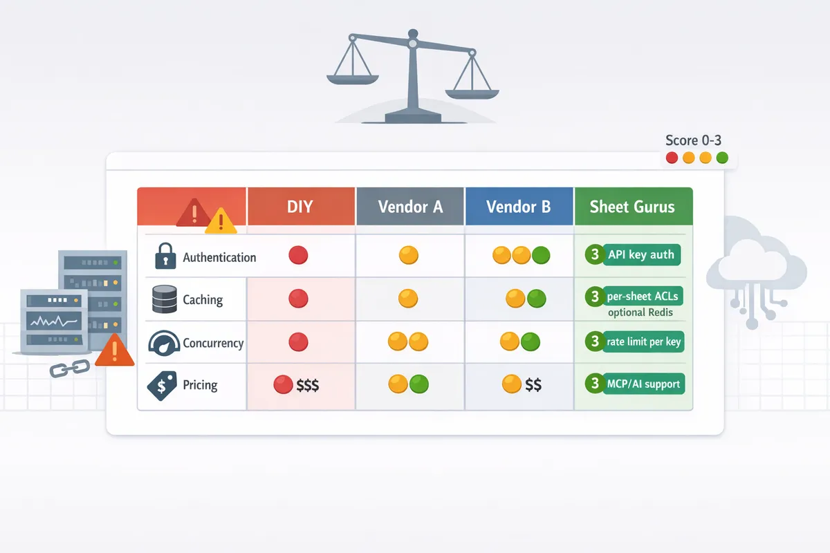 matrix comparing authentication caching concurrency and pricing across sheettoapi options
