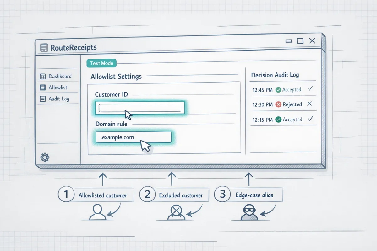 user configuring allowlist in routereceipts dashboard with highlighted customer id and domain rule fields