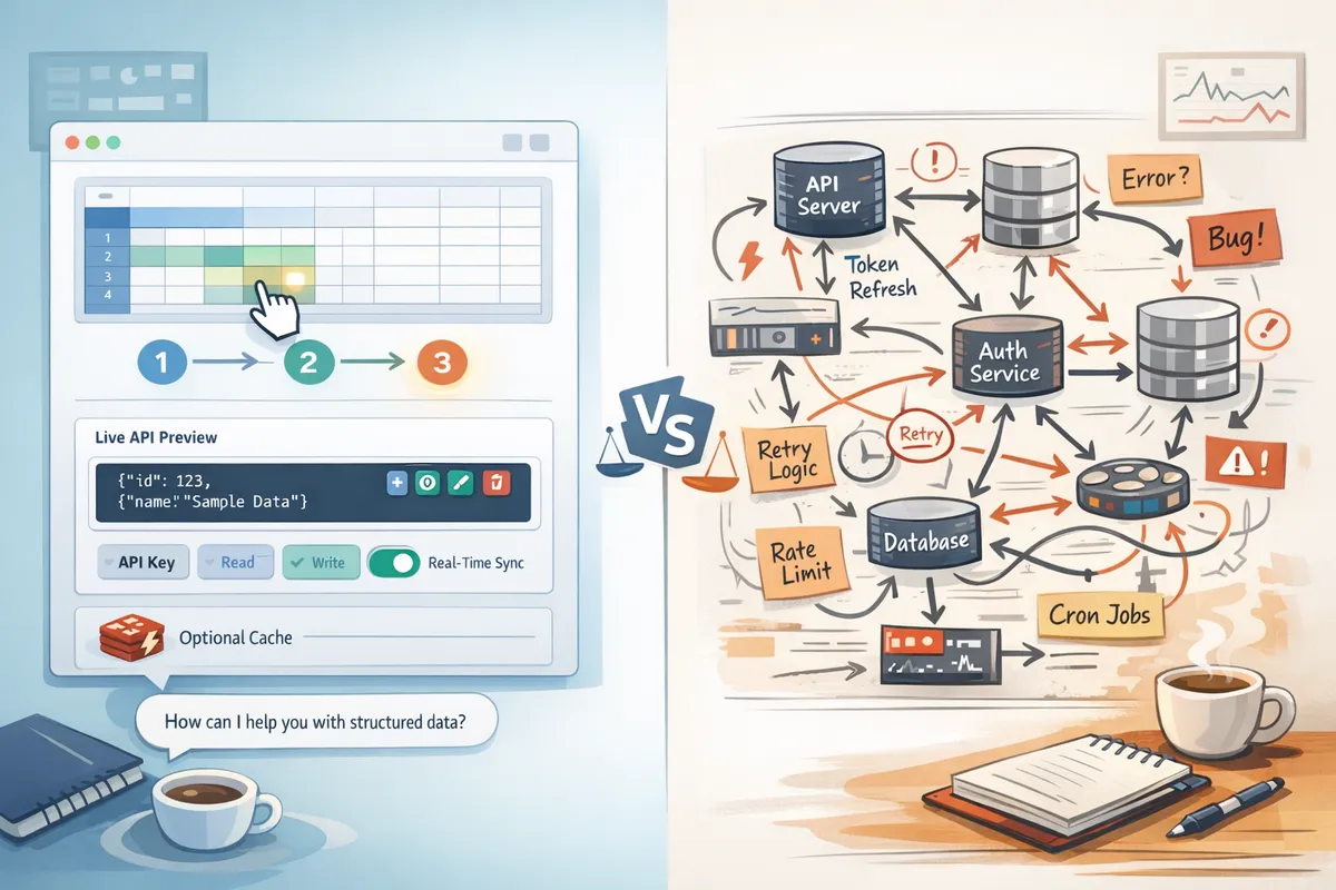 splitscreen comparing nocode builder interface and custom middleware diagram