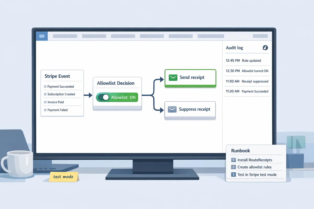 flow diagram showing stripe events routed either to send receipt or suppress receipt based on an allowlist flag stored in the stripe dashboard