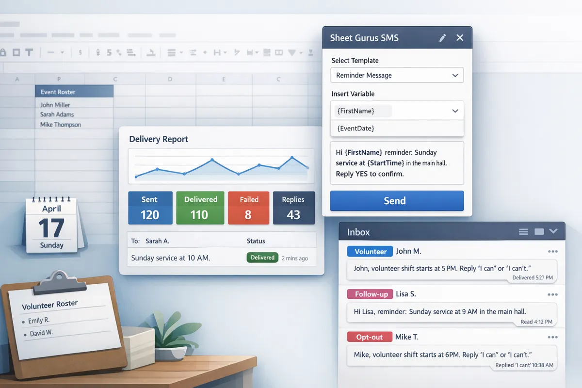 dashboard showing sheet gurus sms sidebar delivery report and a threaded inbox with tags