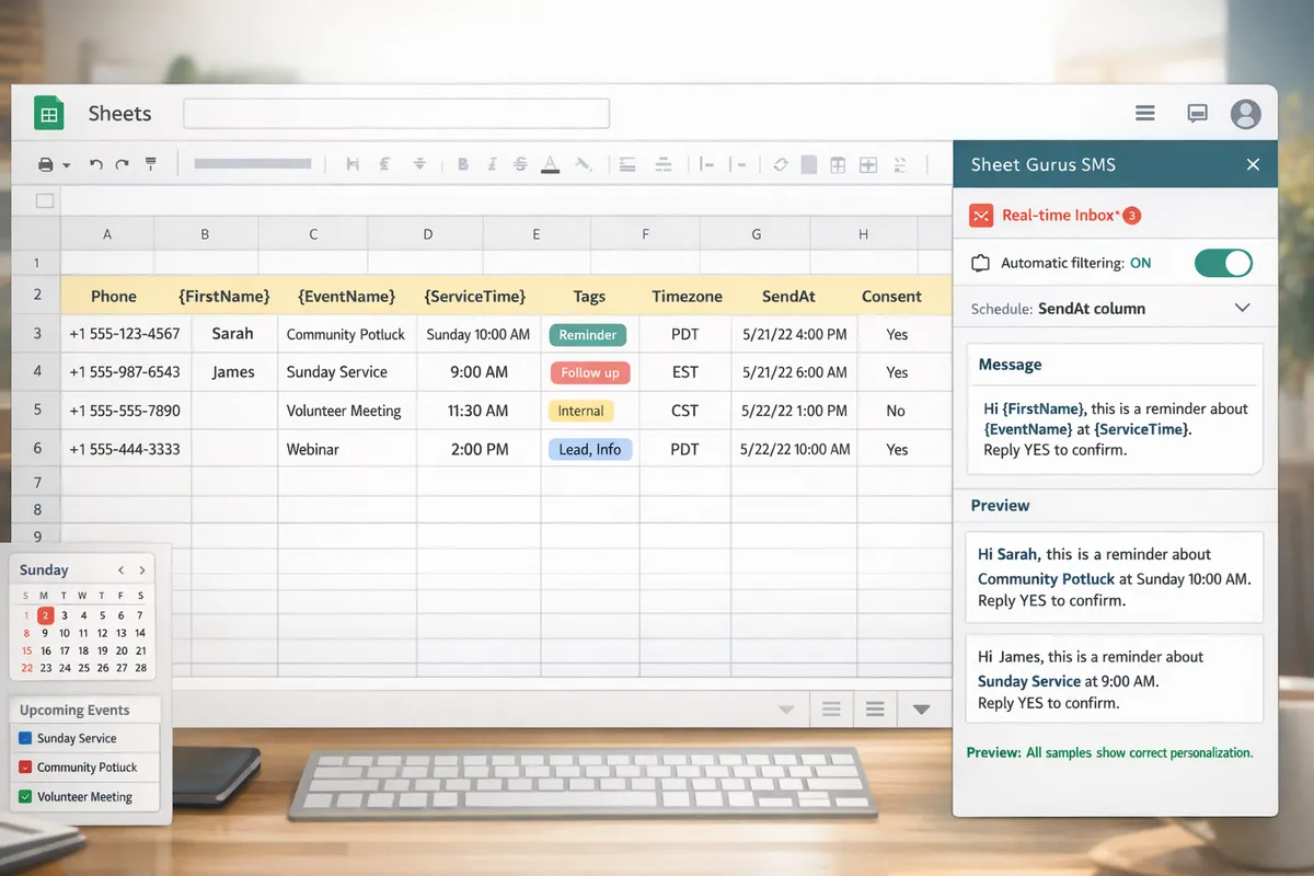 google sheets with a highlighted header row showing phone firstname eventname servicetime tags timezone and sendat columns plus a righthand sms sidebar open for configuration