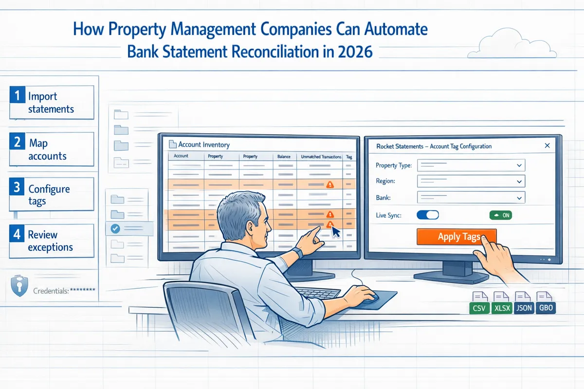 controller reviewing a mapped account inventory spreadsheet while configuring rocket statements account tags