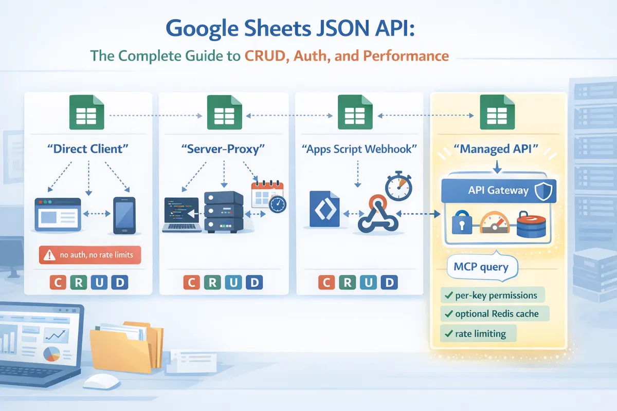diagram comparing direct client access serverproxy apps script webhook and managed api with caching and rate limiting