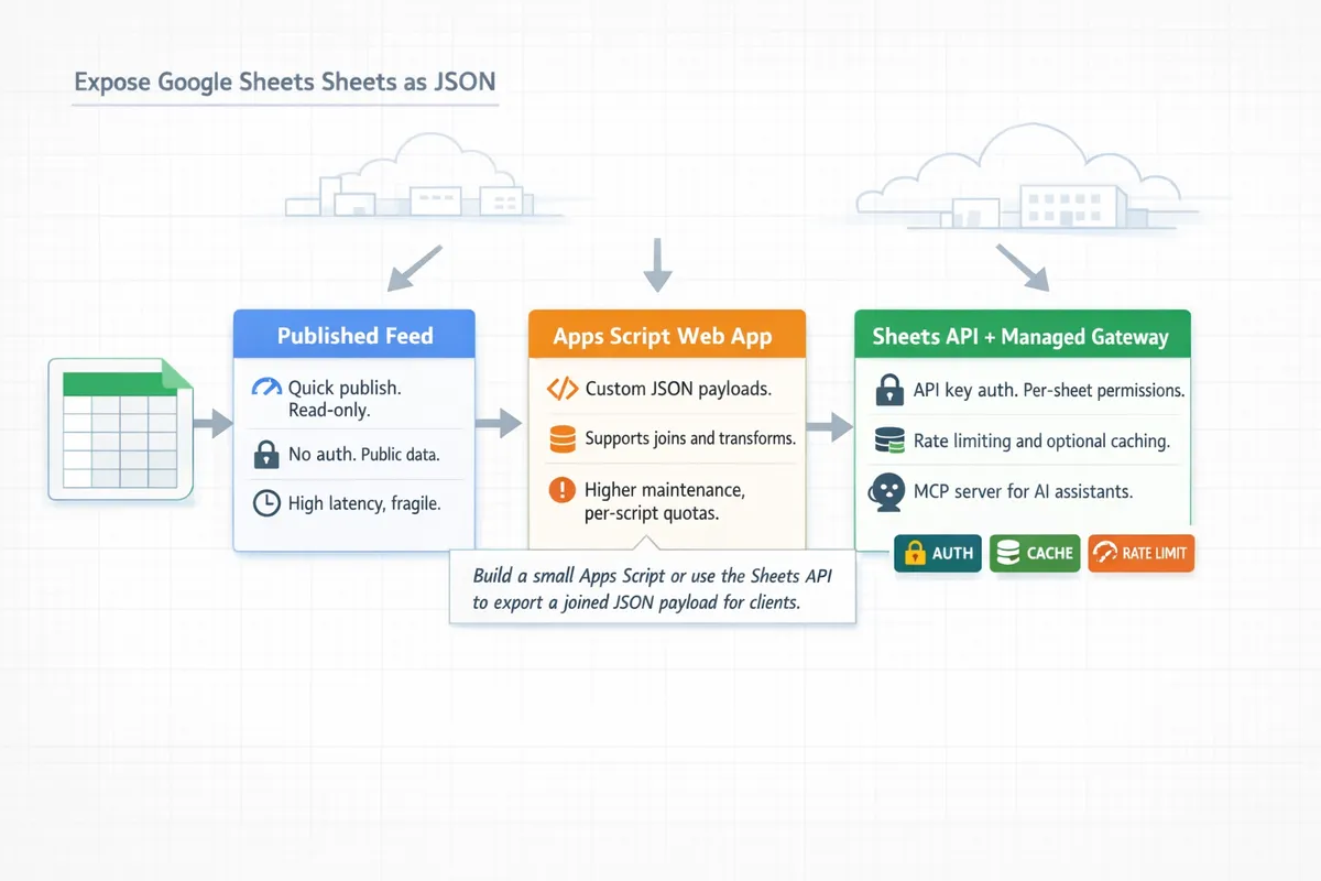 diagram comparing three approaches to expose google sheets as json published feed apps script web app and a managed gateway
