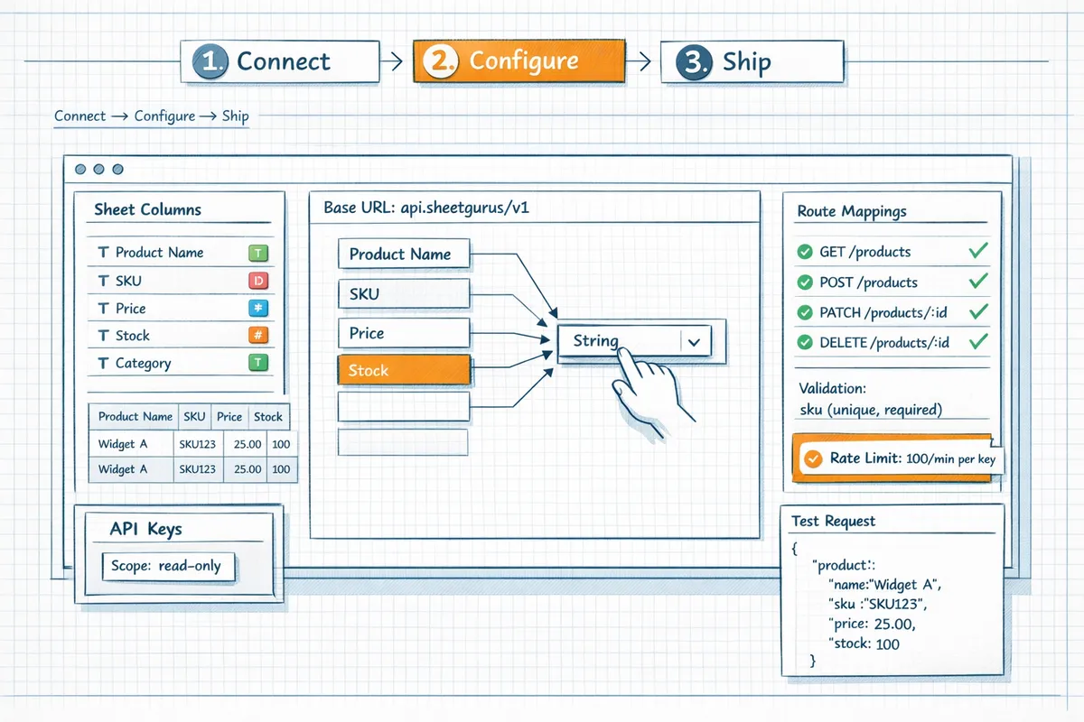 user mapping sheet columns to api field types in the sheet gurus api dashboard with routes visible