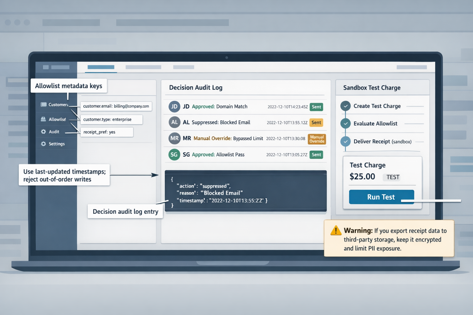 annotated dashboard showing allowlist metadata keys decision audit log entries and a sandbox test charge flow