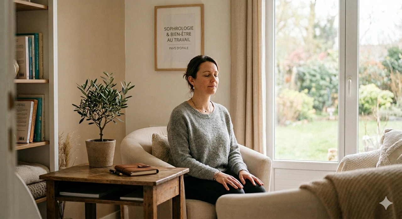 Une dame assise qui ferme les yeux et se détend