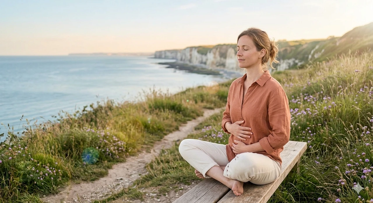 Une femme est sur une falaise elle ferme les yeux et respire elle est assise en tailleur