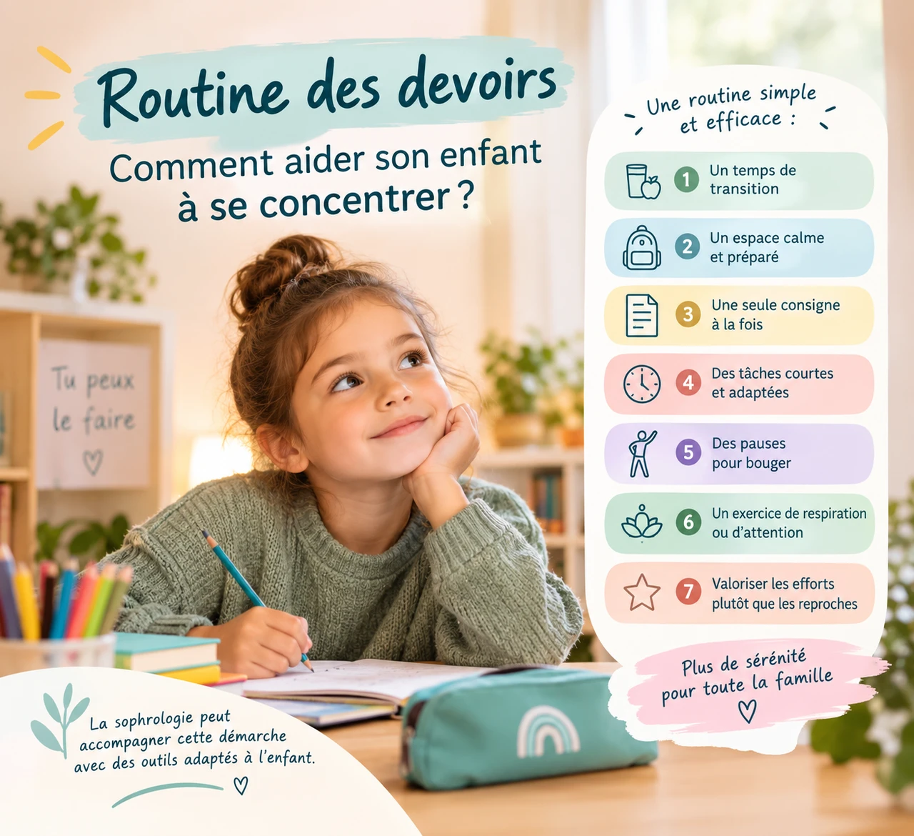 Enfant concentré et détendu et souriant qui fait ses devoirs