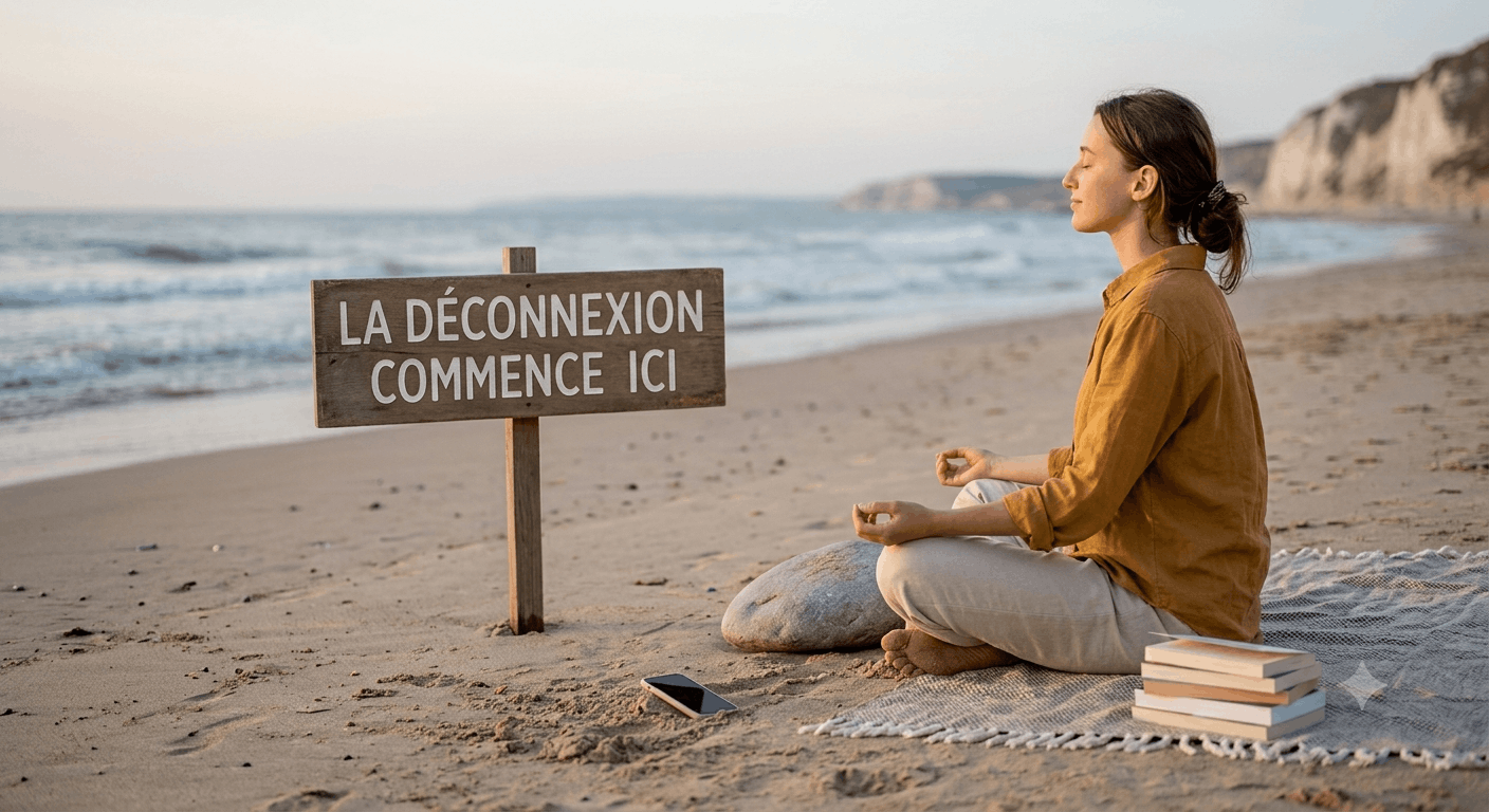 Une femme qui regarde la mer et un panneau écrit ici commence la déconnexion