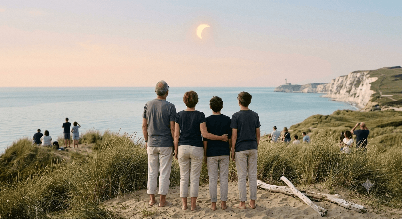 une famille de dos regarde l'éclipse sur la Côte d'Opale