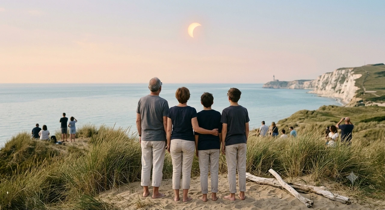 une famille de dos regarde l'éclipse sur la Côte d'Opale