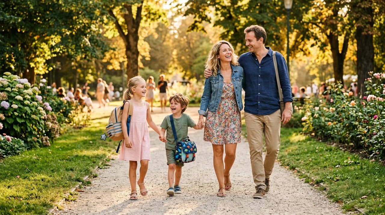 Famille reposée qui reprend son travail en septembre et les enfants sont heureux d'aller à l'école.