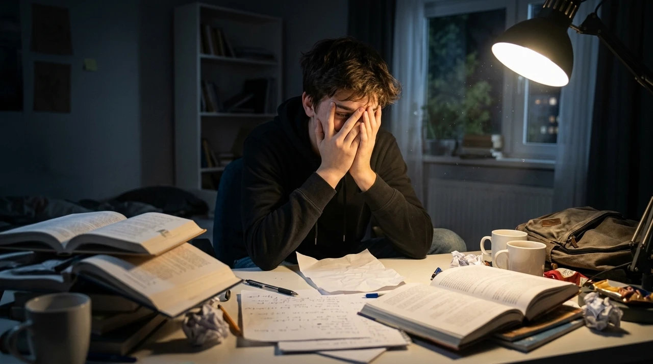 Un ado assis à son bureau il est submergé par ses révisions