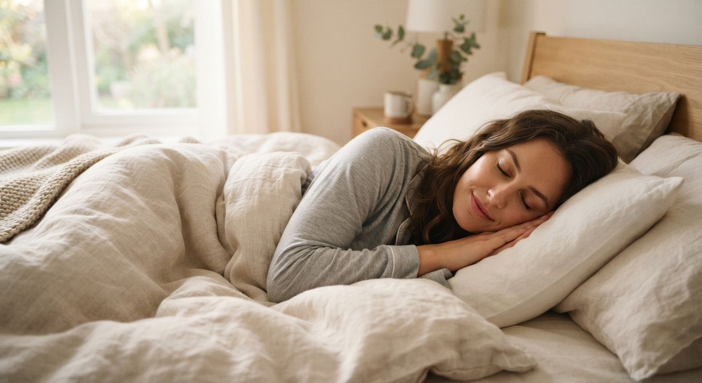 Une femme dort paisiblement dans un lit la journée